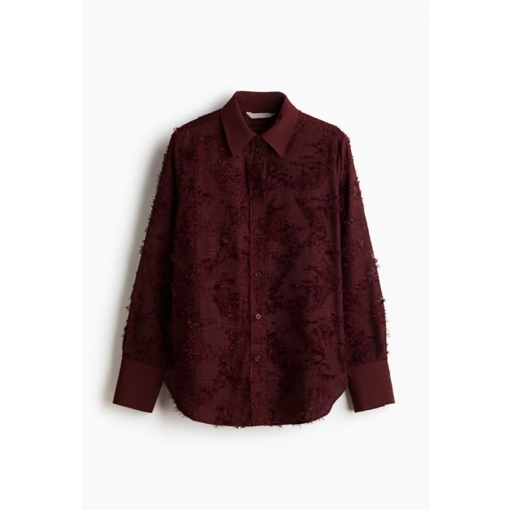 H&M Jacquard Weave Textured Burgundy Button-Up Blouse - Picture 5 of 12